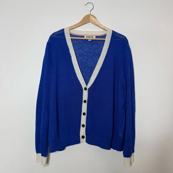 Boden Liv Linen Cardigan in bright blue with white bordering varsity size XL - Picture 5 of 12